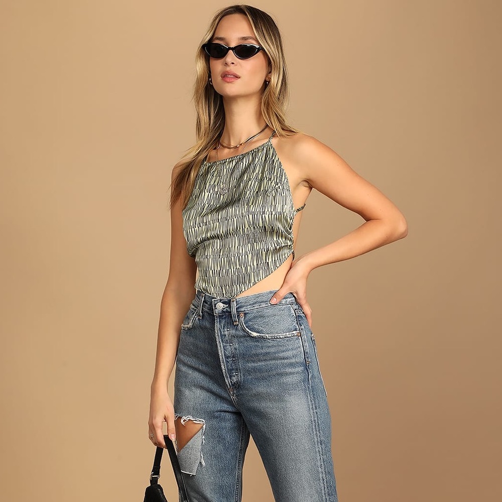 Green Print Satin Handkerchief Crop Top